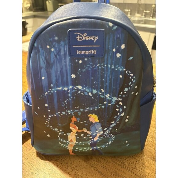LOUNGEFLY Disney Pocahontas Colors of the Wind Backpack Pocket Faux Blue Leather - Picture 3 of 8